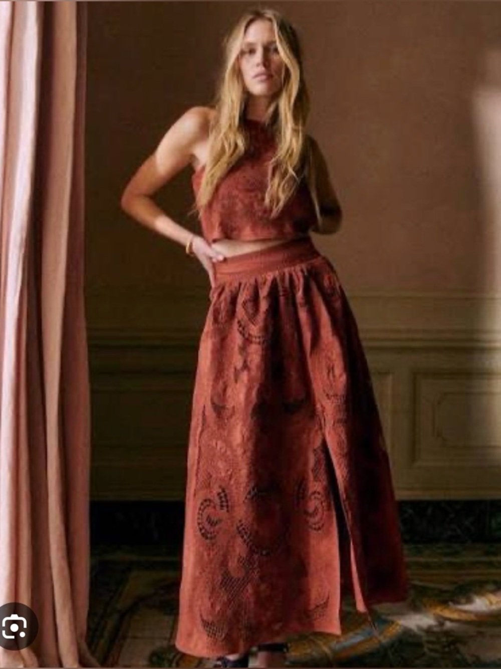 Sezane Terracotta Lace Uanna Top and Sophie Skirt Size 6